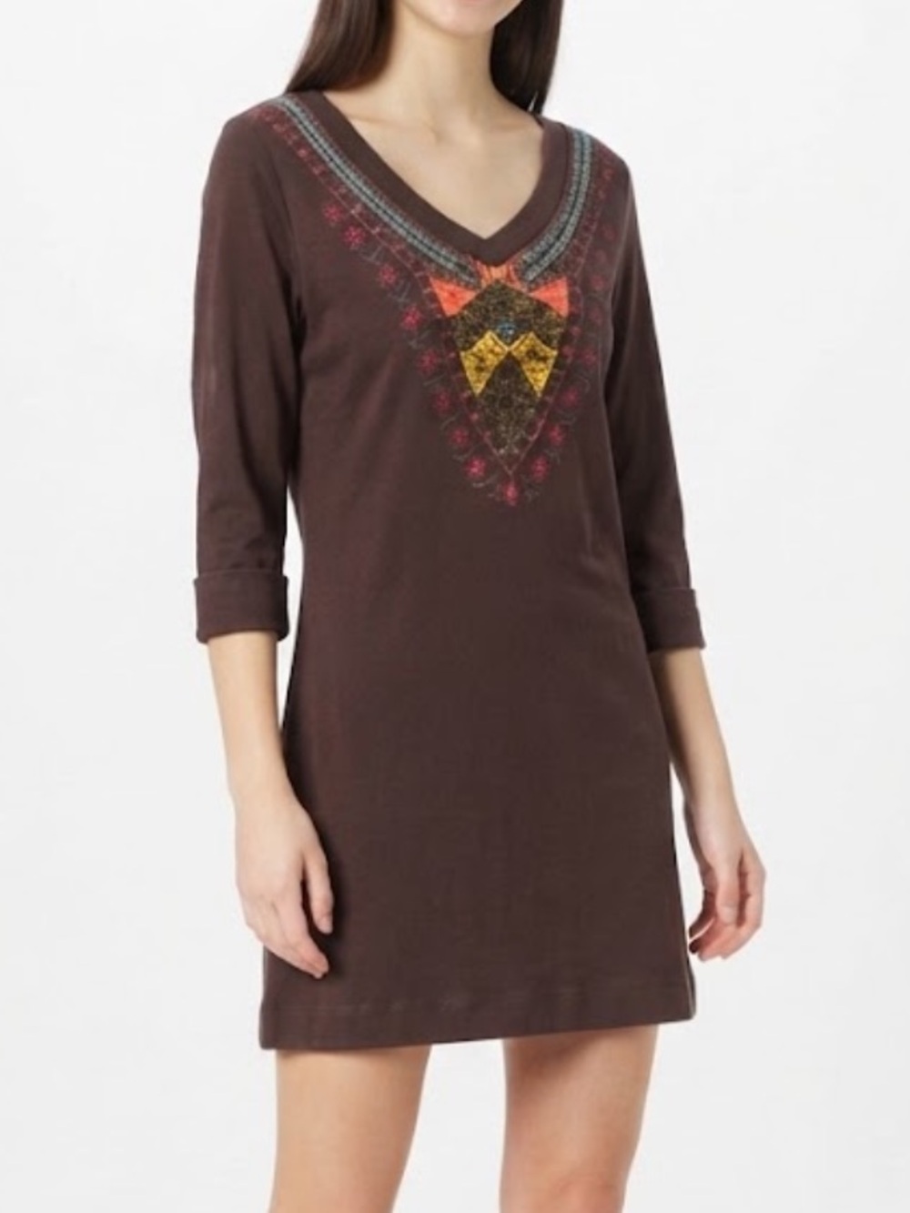 Miley Cyrus Max Y2K Bohemian Brown V-Neck Embroidered Shift Dress Size XS